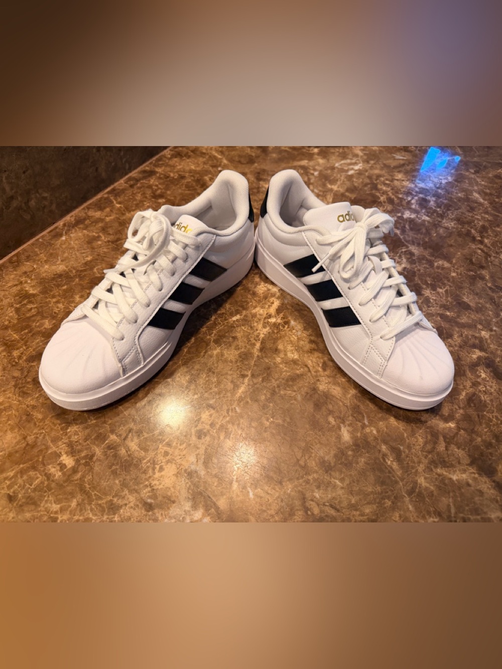 Adidas White Sneakers with Black Stripes